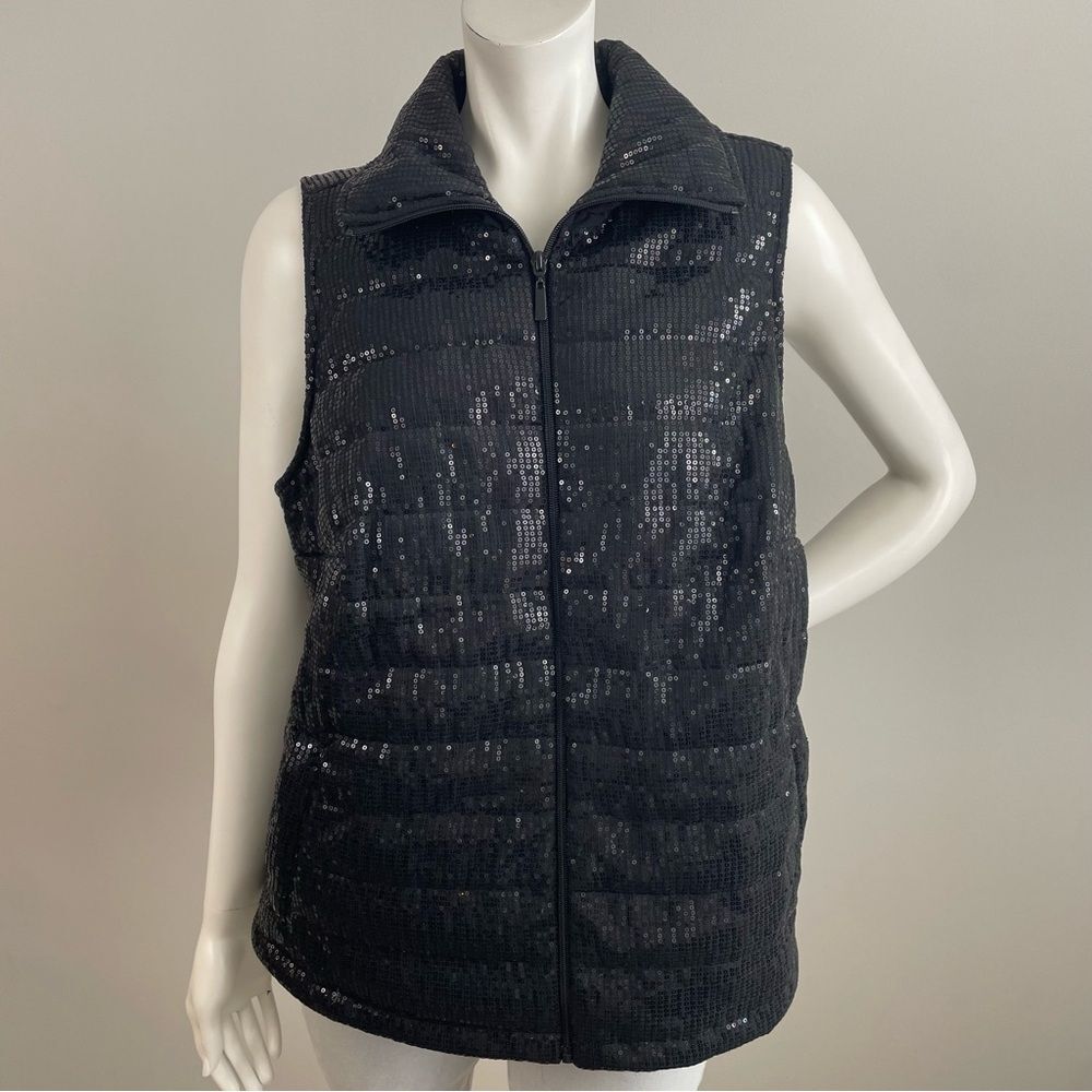 LAURA ASHLEY Black Sequin Sparkly Zip Up Puffer Vest